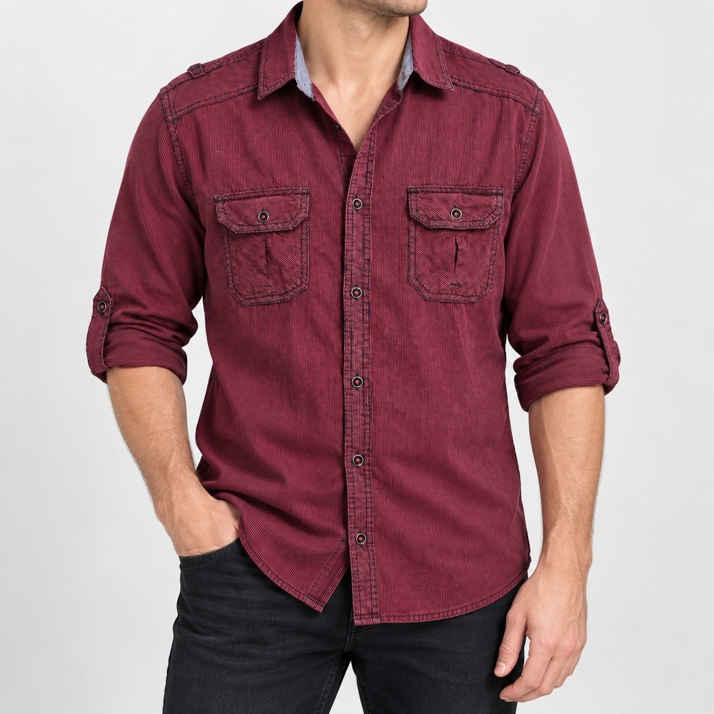 INC International Concepts Mens Large Burgundy Ribbed Cotton Utility Shirt L